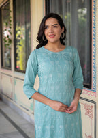 Juniper Aqua Embroidered Floral Viscose Kurta with Sequins & Cotton Lace | Grocsy
