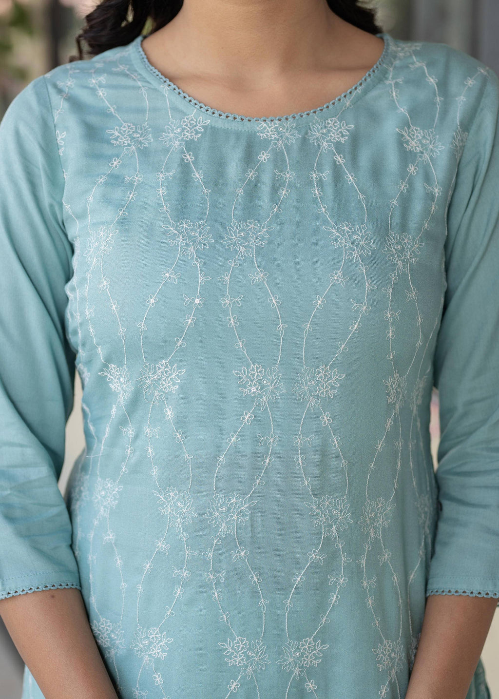 Juniper Aqua Embroidered Floral Viscose Kurta with Sequins & Cotton Lace | Grocsy