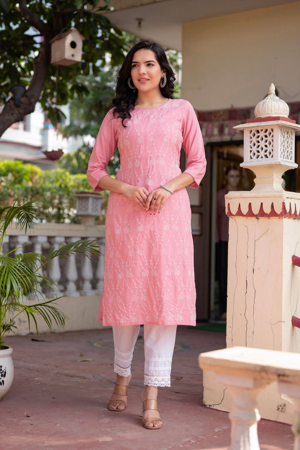 Juniper Onion Pink Embroidered Viscose Kurta With Sequins & Cotton Lace | Grocsy