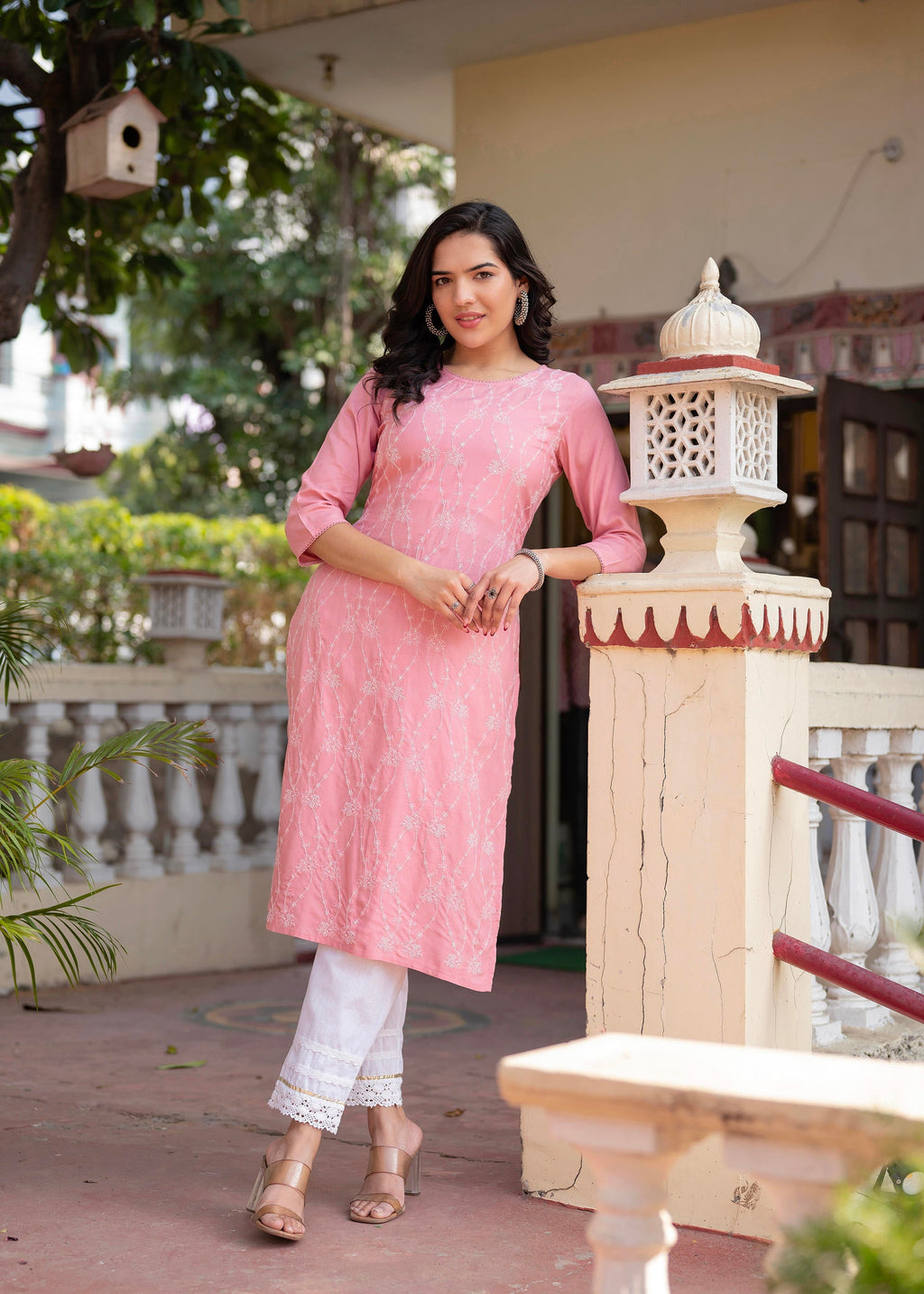 Juniper Onion Pink Embroidered Viscose Kurta With Sequins & Cotton Lace | Grocsy