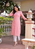Juniper Onion Pink Embroidered Viscose Kurta With Sequins & Cotton Lace | Grocsy