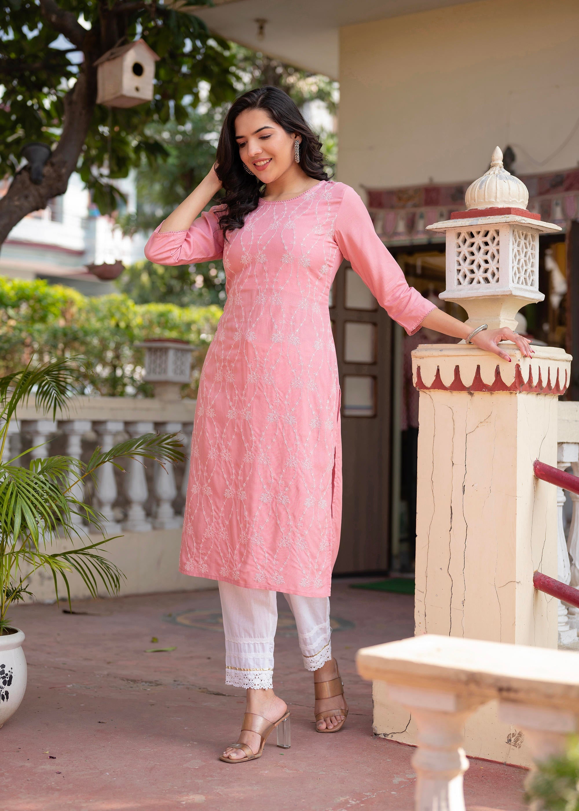 Juniper Onion Pink Embroidered Viscose Kurta With Sequins & Cotton Lace | Grocsy