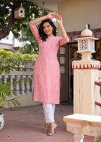 Juniper Onion Pink Embroidered Viscose Kurta With Sequins & Cotton Lace | Grocsy