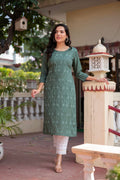 Juniper Sage Green Embroidered Viscose Kurta With Sequins & Cotton Lace | Grocsy