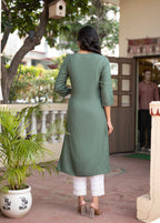Juniper Sage Green Embroidered Viscose Kurta with Sequins & Cotton Lace | Grocsy