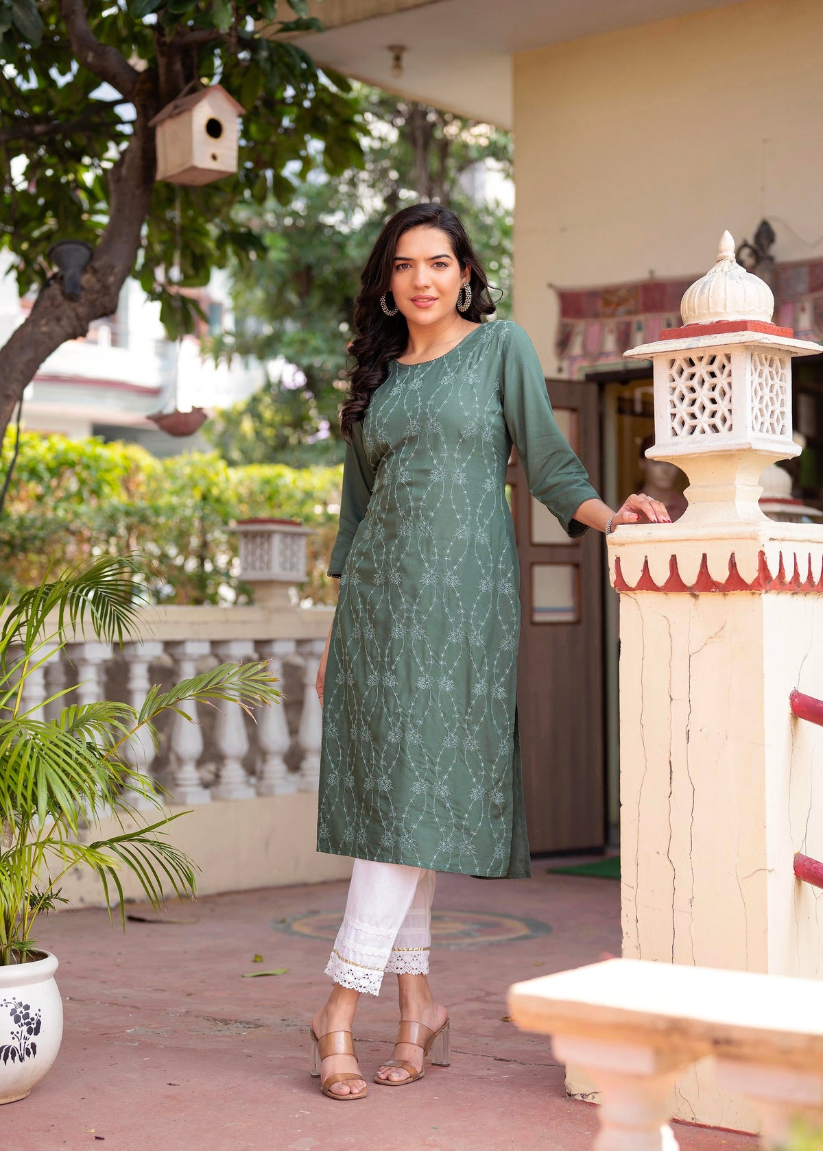 Juniper Sage Green Embroidered Viscose Kurta with Sequins & Cotton Lace | Grocsy