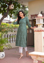 Juniper Sage Green Embroidered Viscose Kurta with Sequins & Cotton Lace | Grocsy