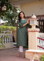 Juniper Sage Green Embroidered Viscose Kurta with Sequins & Cotton Lace | Grocsy