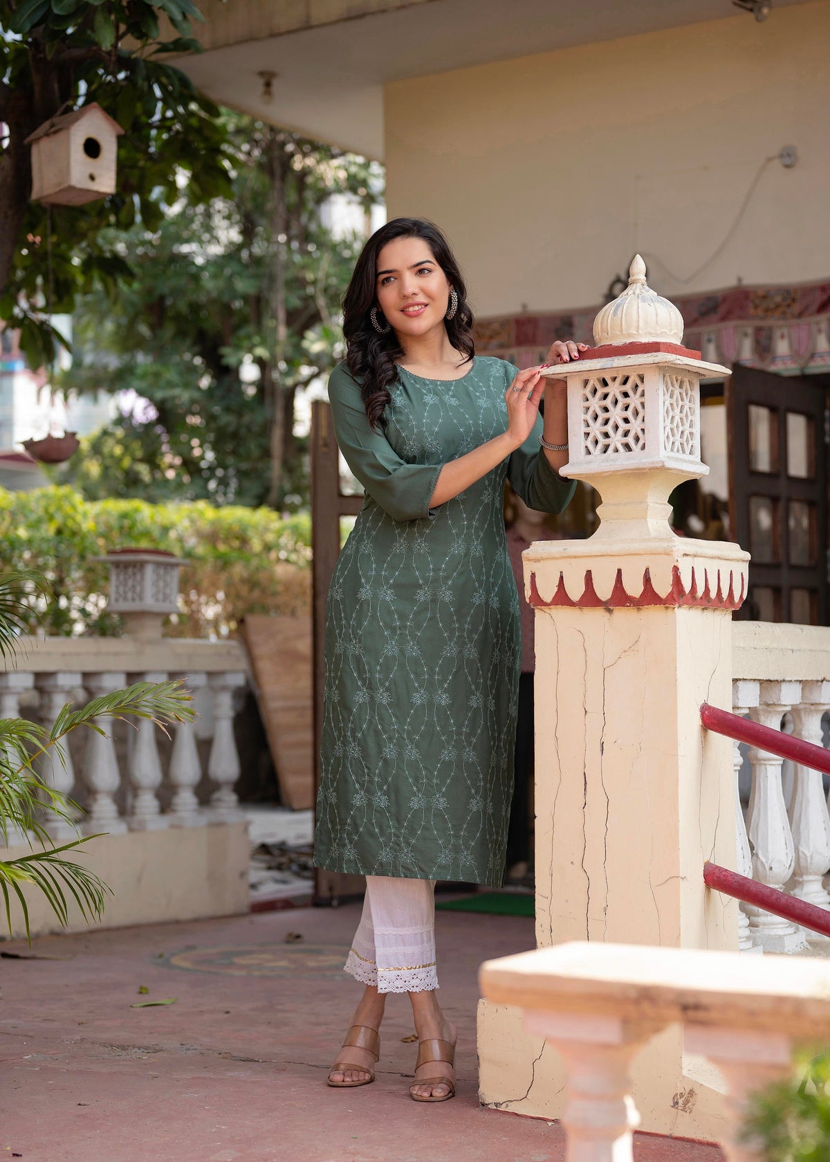 Juniper Sage Green Embroidered Viscose Kurta with Sequins & Cotton Lace | Grocsy
