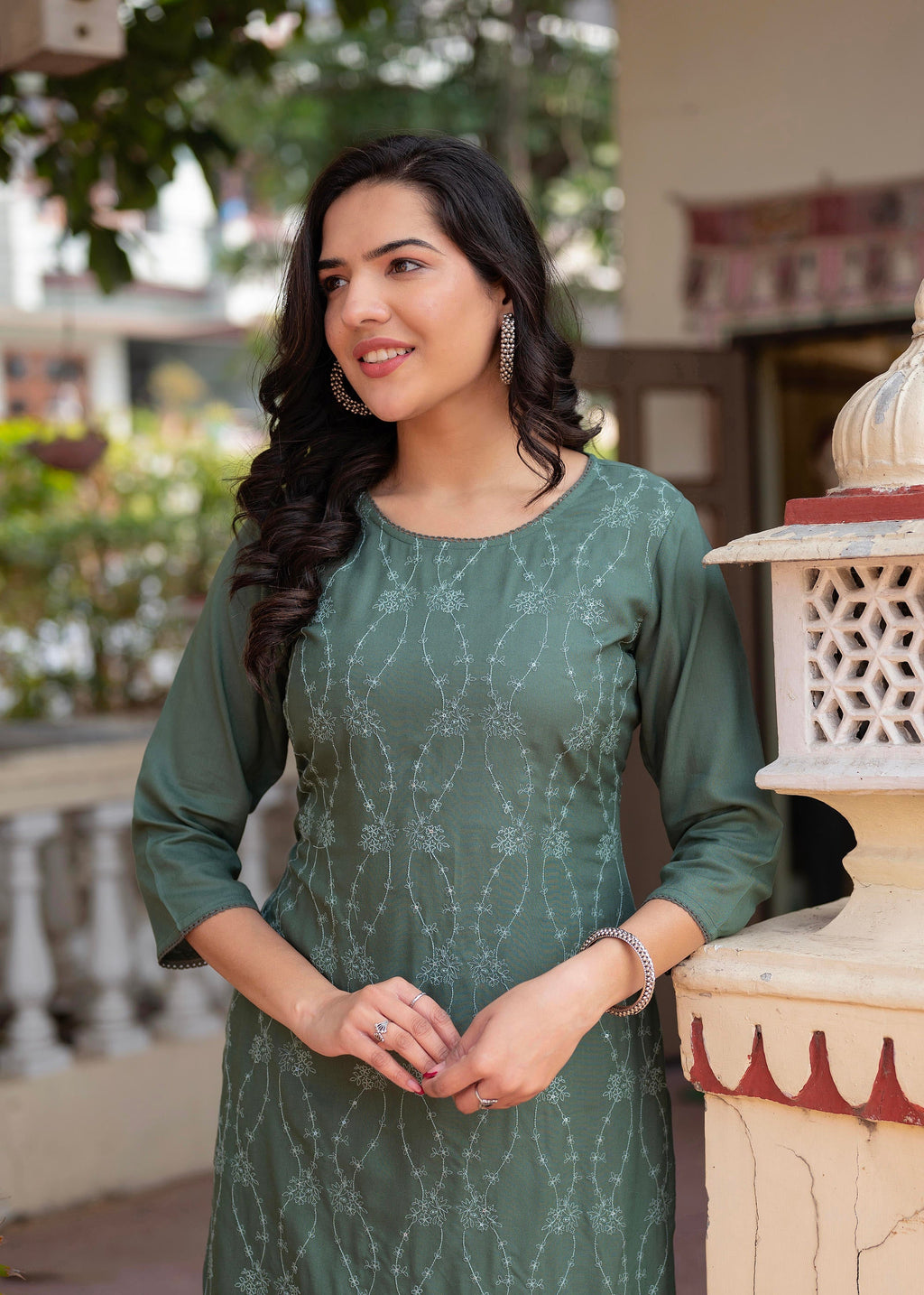 Juniper Sage Green Embroidered Viscose Kurta with Sequins & Cotton Lace | Grocsy