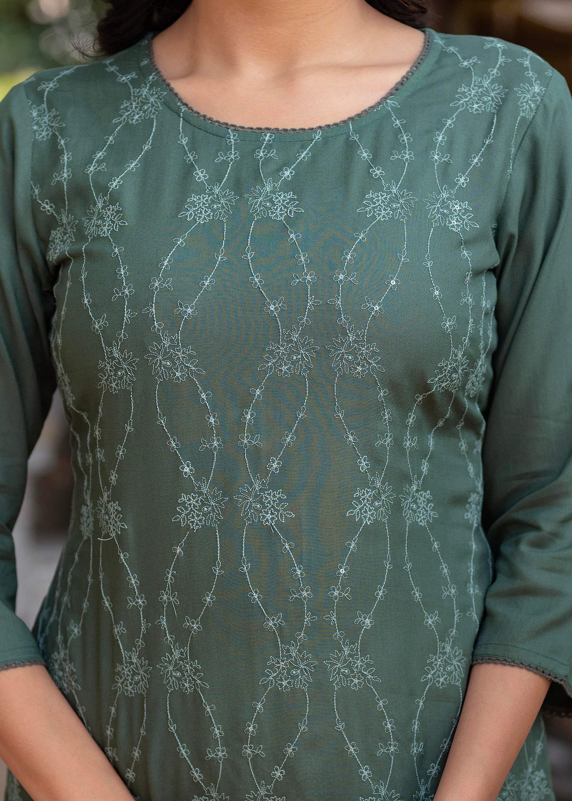 Juniper Sage Green Embroidered Viscose Kurta with Sequins & Cotton Lace | Grocsy