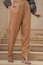Juniper Beige Solid Viscose Pants | Grocsy