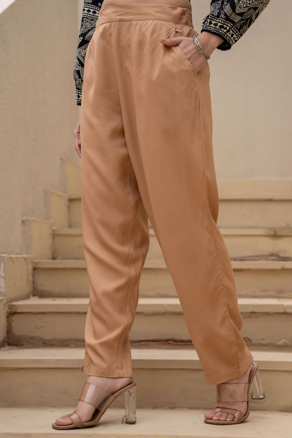 Juniper Beige Solid Viscose Pants | Grocsy