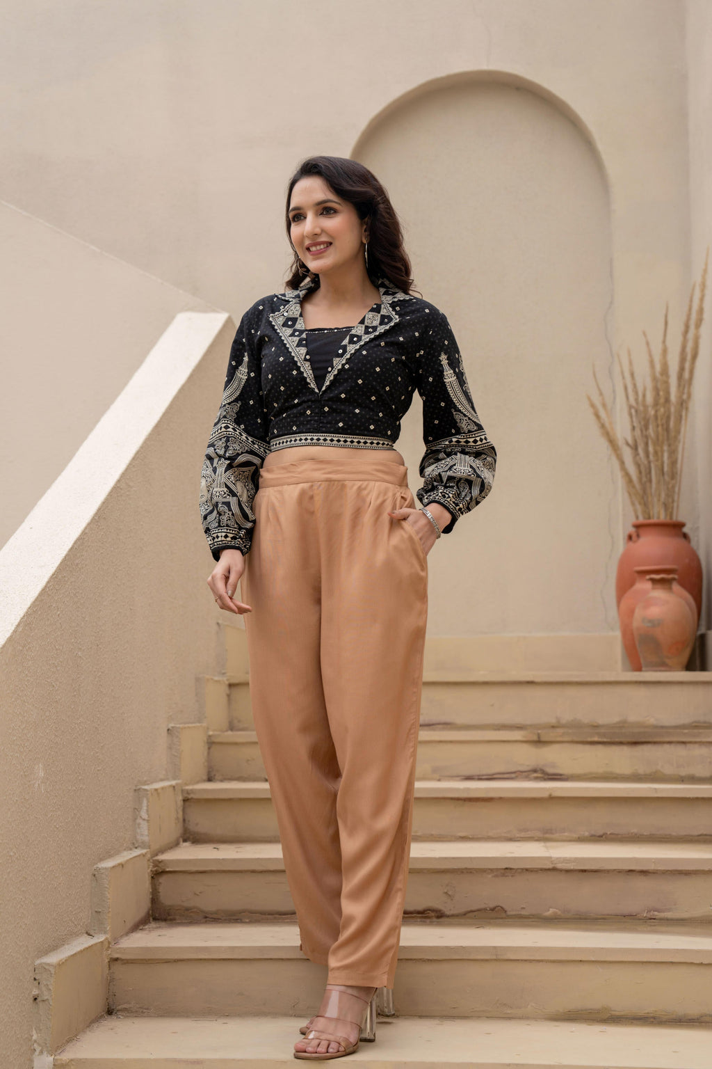 Juniper Beige Solid Viscose Pants | Grocsy