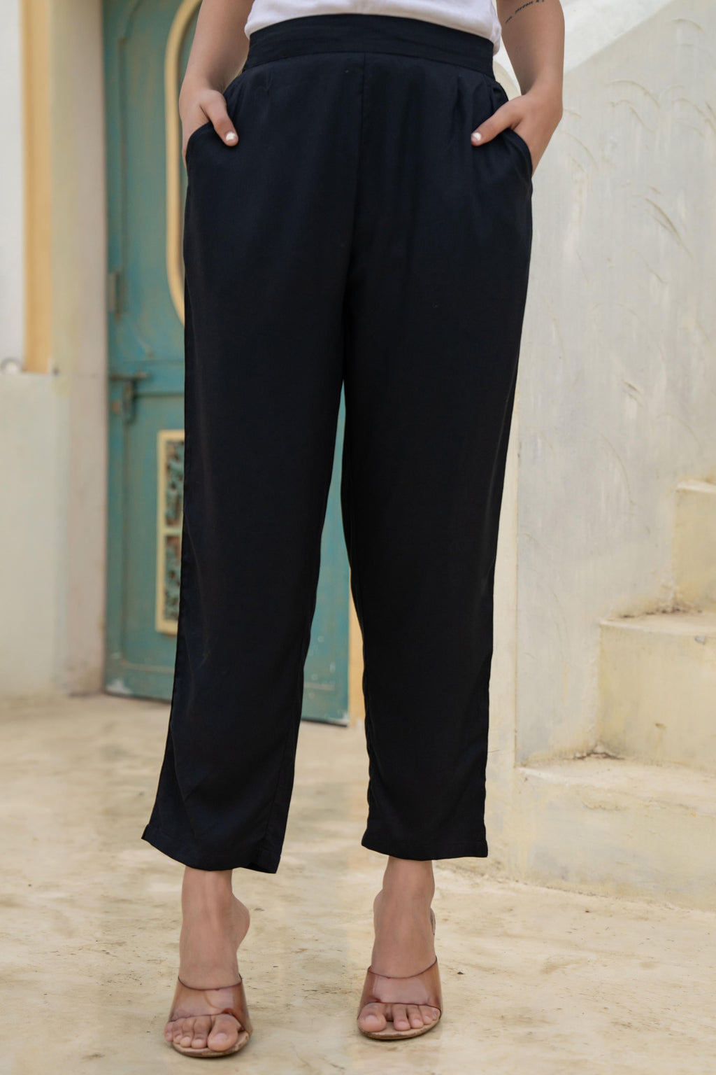 Juniper Black Solid Viscose Pants | Grocsy