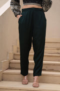 Juniper Bottle Green Solid Viscose Pants | Grocsy