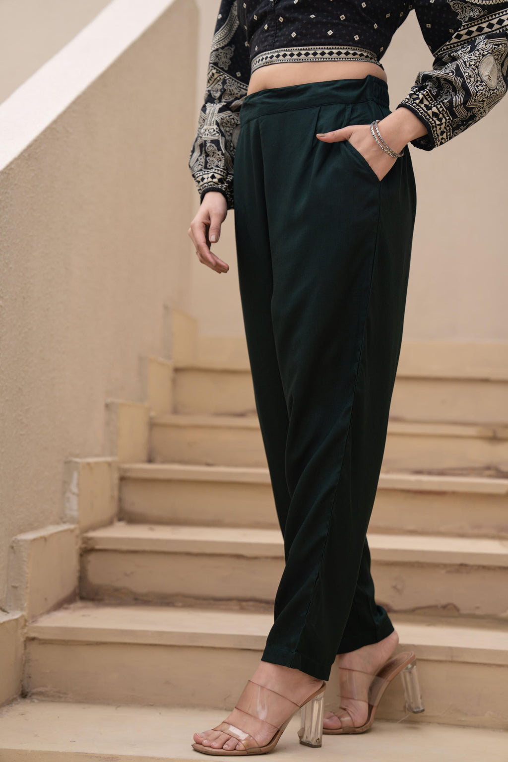 Juniper Bottle Green Solid Viscose Pants | Grocsy
