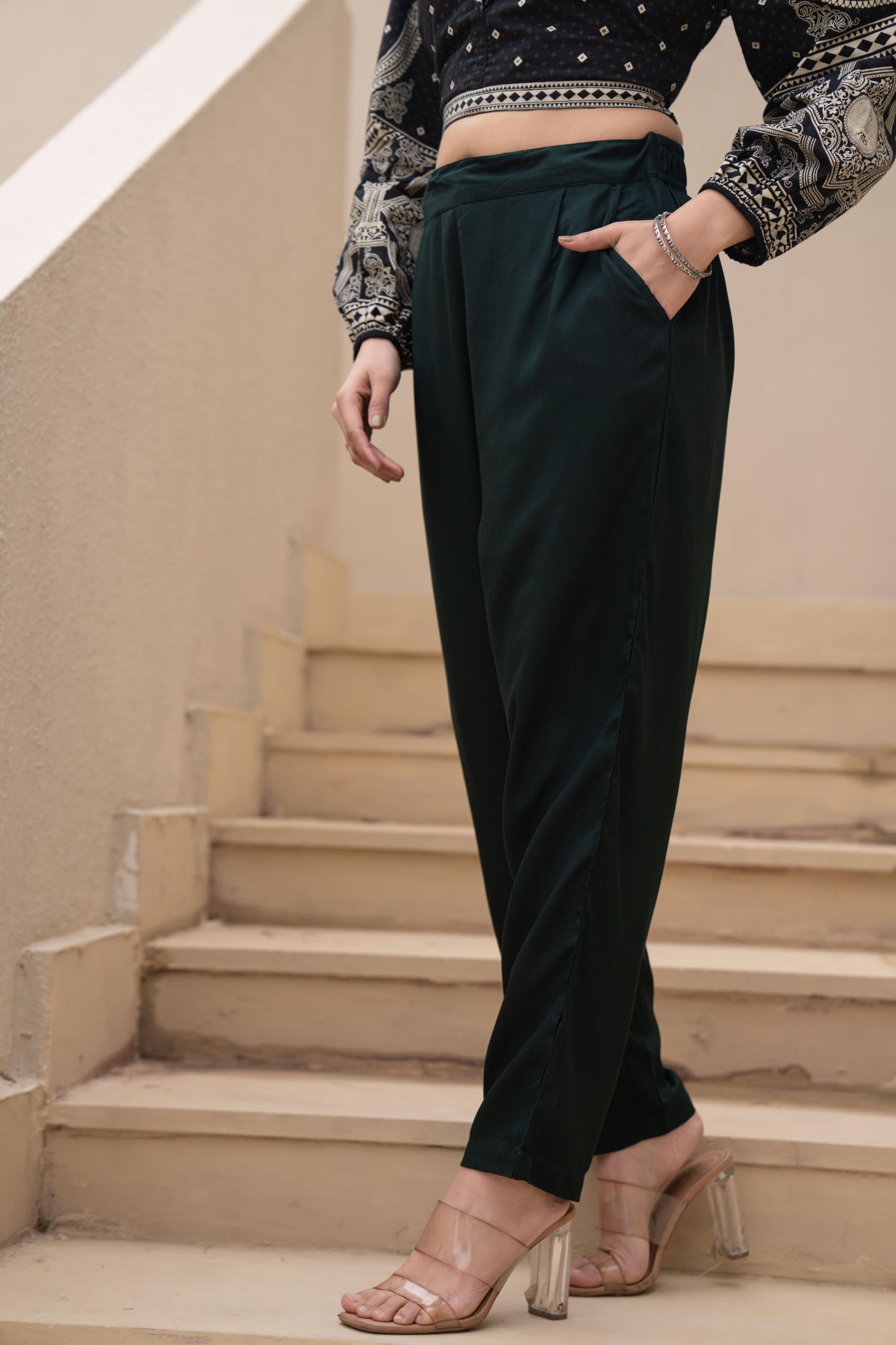 Juniper Bottle Green Solid Viscose Pants | Grocsy