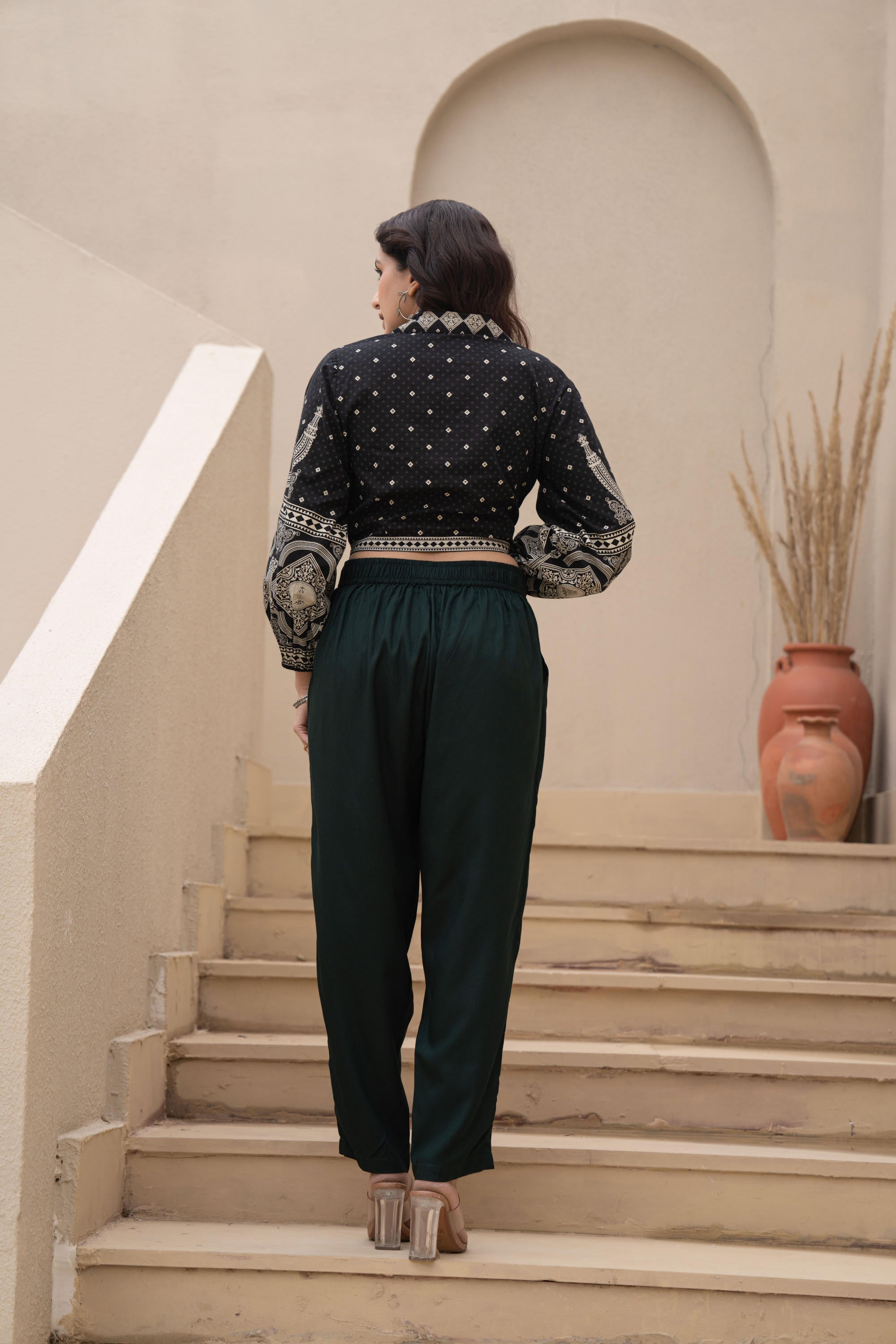 Juniper Bottle Green Solid Viscose Pants | Grocsy