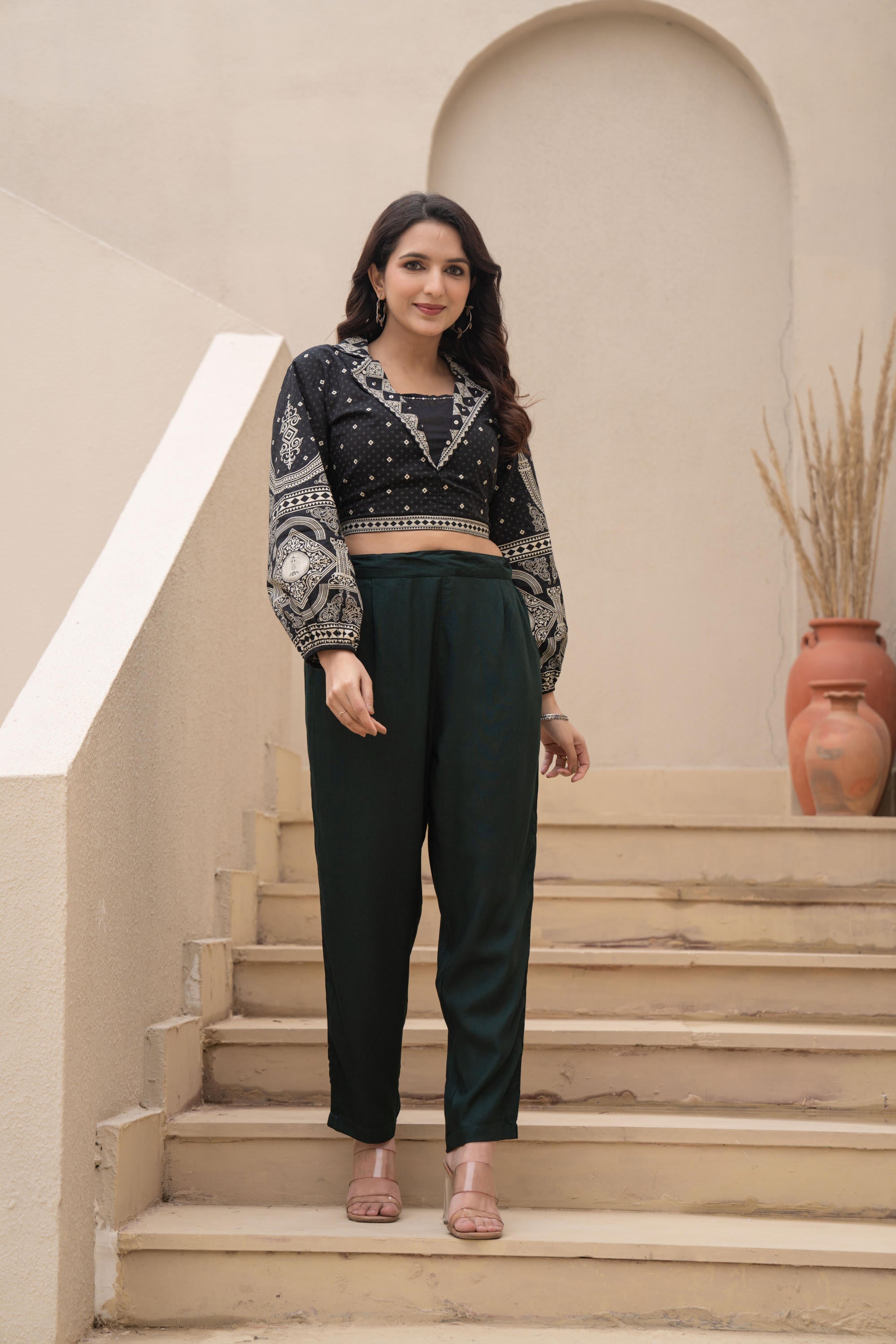 Juniper Bottle Green Solid Viscose Pants | Grocsy