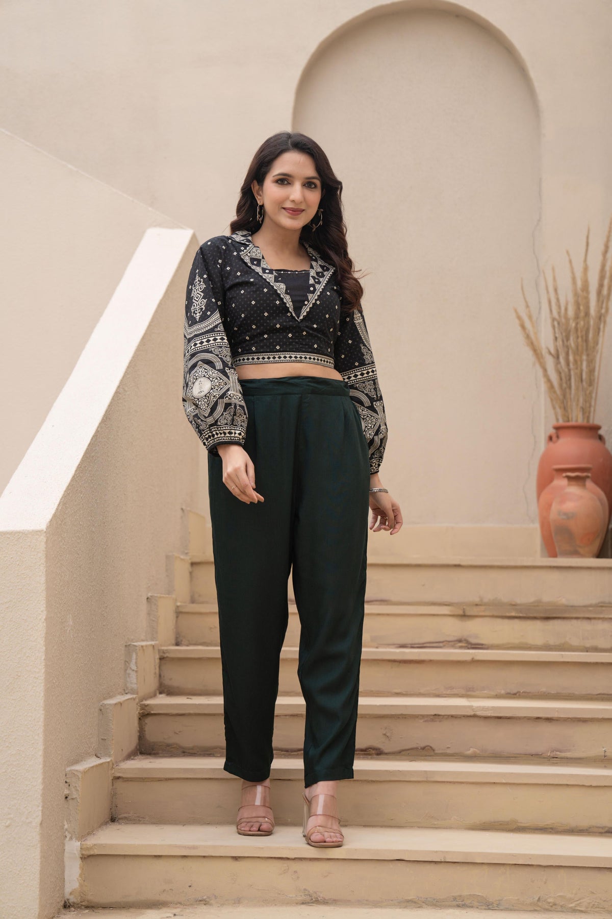 Juniper Bottle Green Solid Viscose Pants | Grocsy