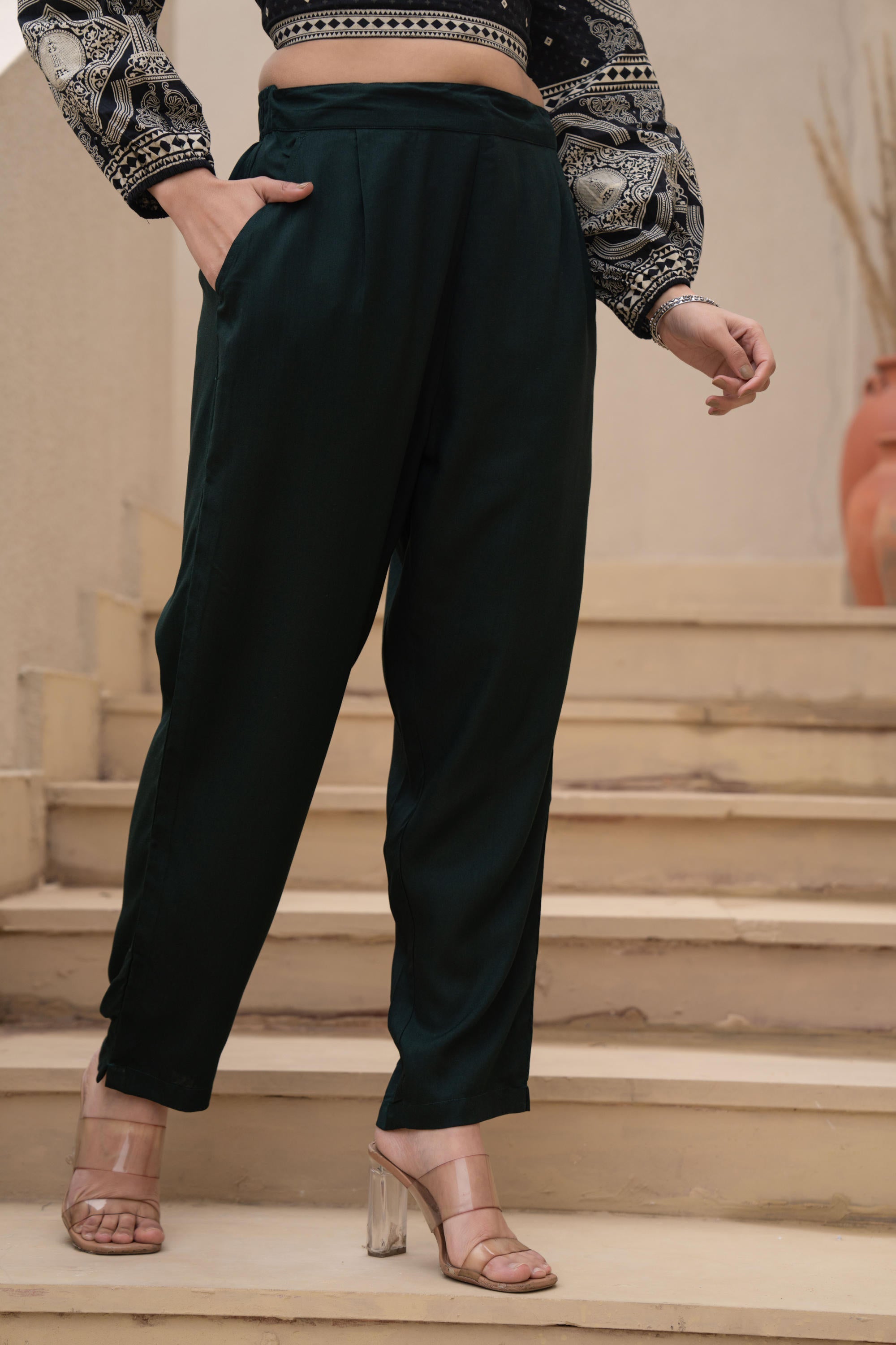 Juniper Bottle Green Solid Viscose Pants | Grocsy