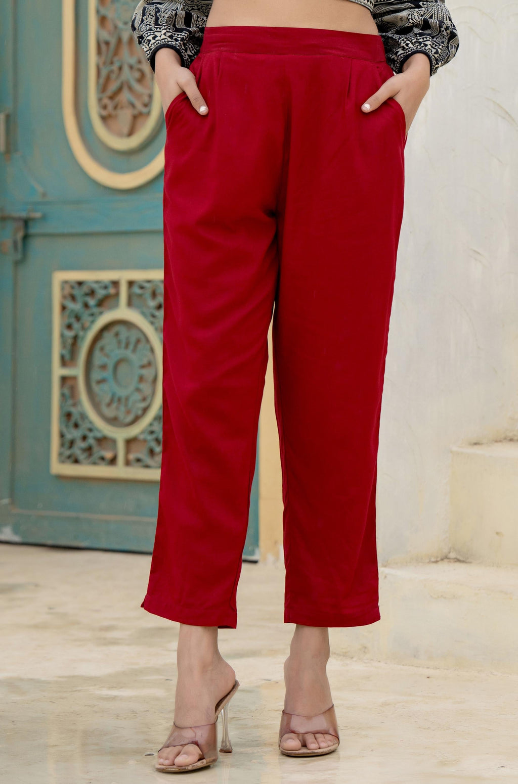 Juniper Maroon Solid Viscose Pants | Grocsy