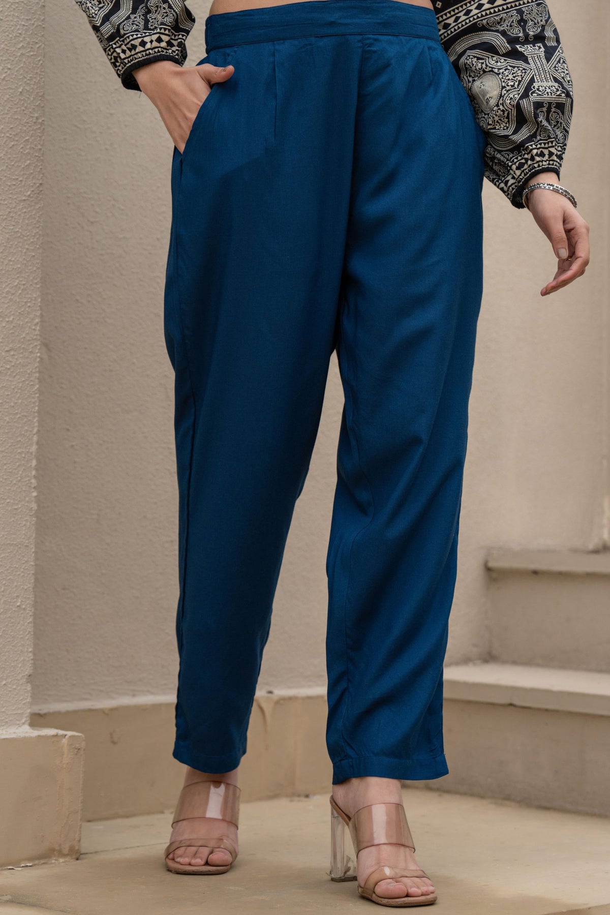 Juniper Navy Solid Viscose Pants | Grocsy