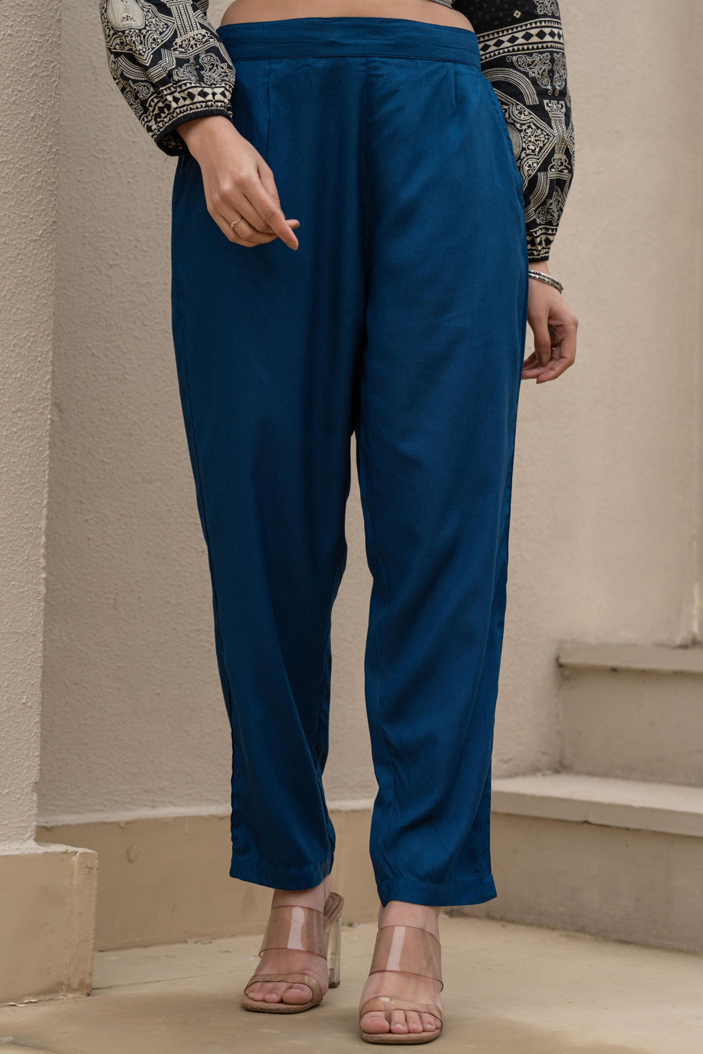 Juniper Navy Solid Viscose Pants | Grocsy
