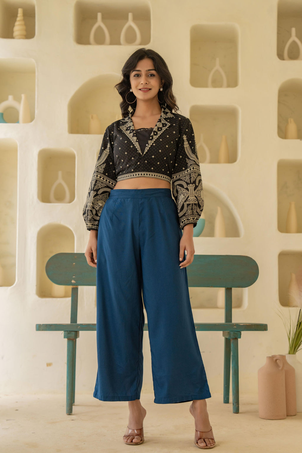 Juniper Navy Solid Viscose Palazzo Pants | Grocsy
