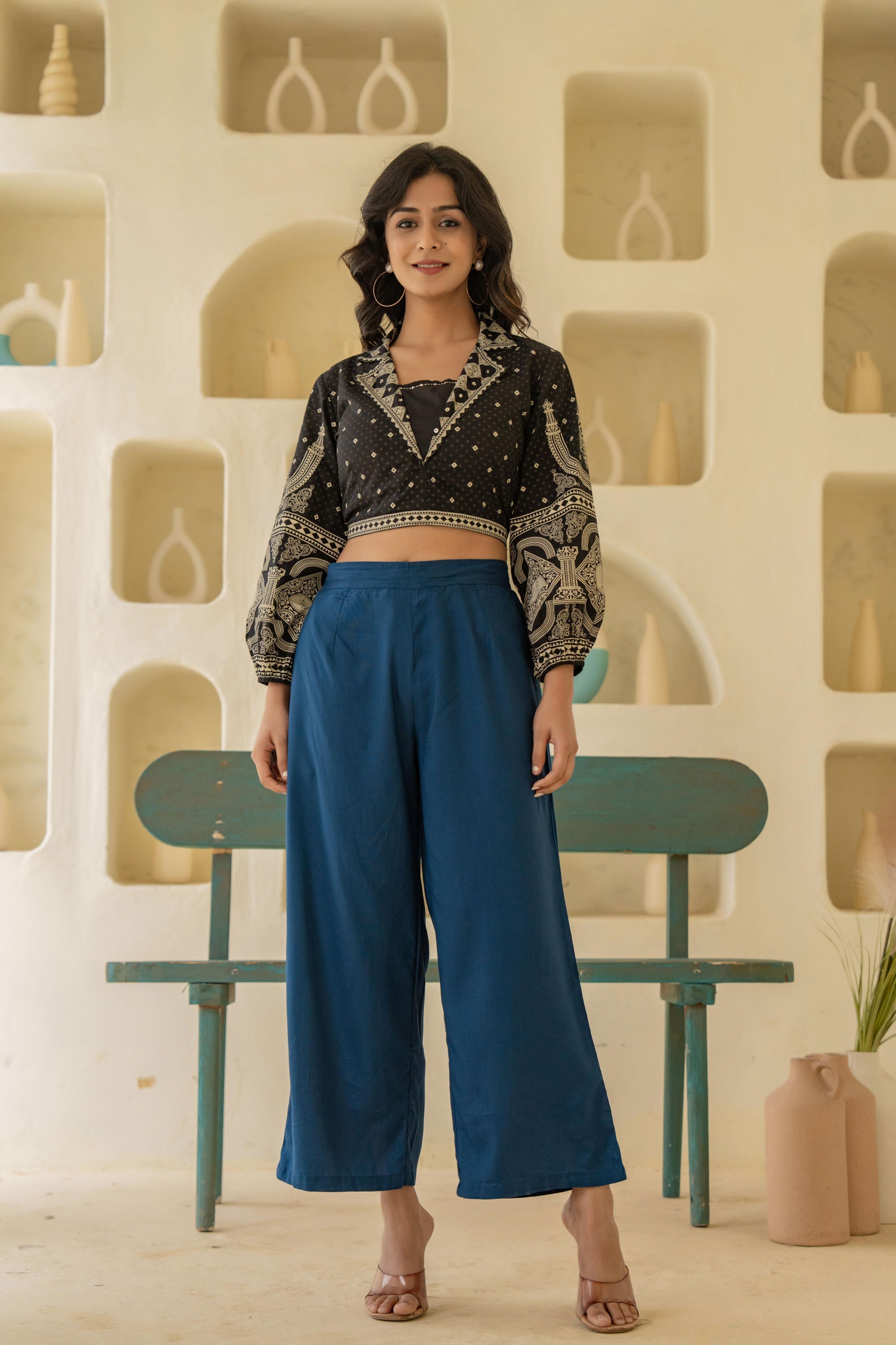 Juniper Navy Solid Viscose Palazzo Pants | Grocsy