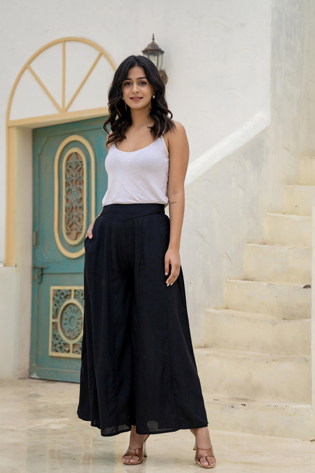 Juniper Black Solid Viscose Palazzo Pants | Grocsy