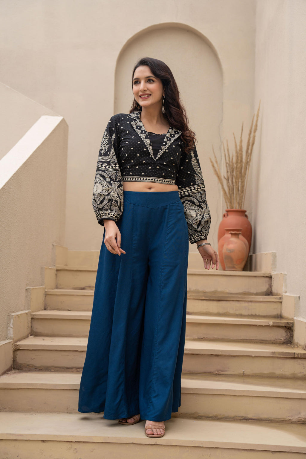 Juniper Navy Solid Viscose Palazzo Pants | Grocsy