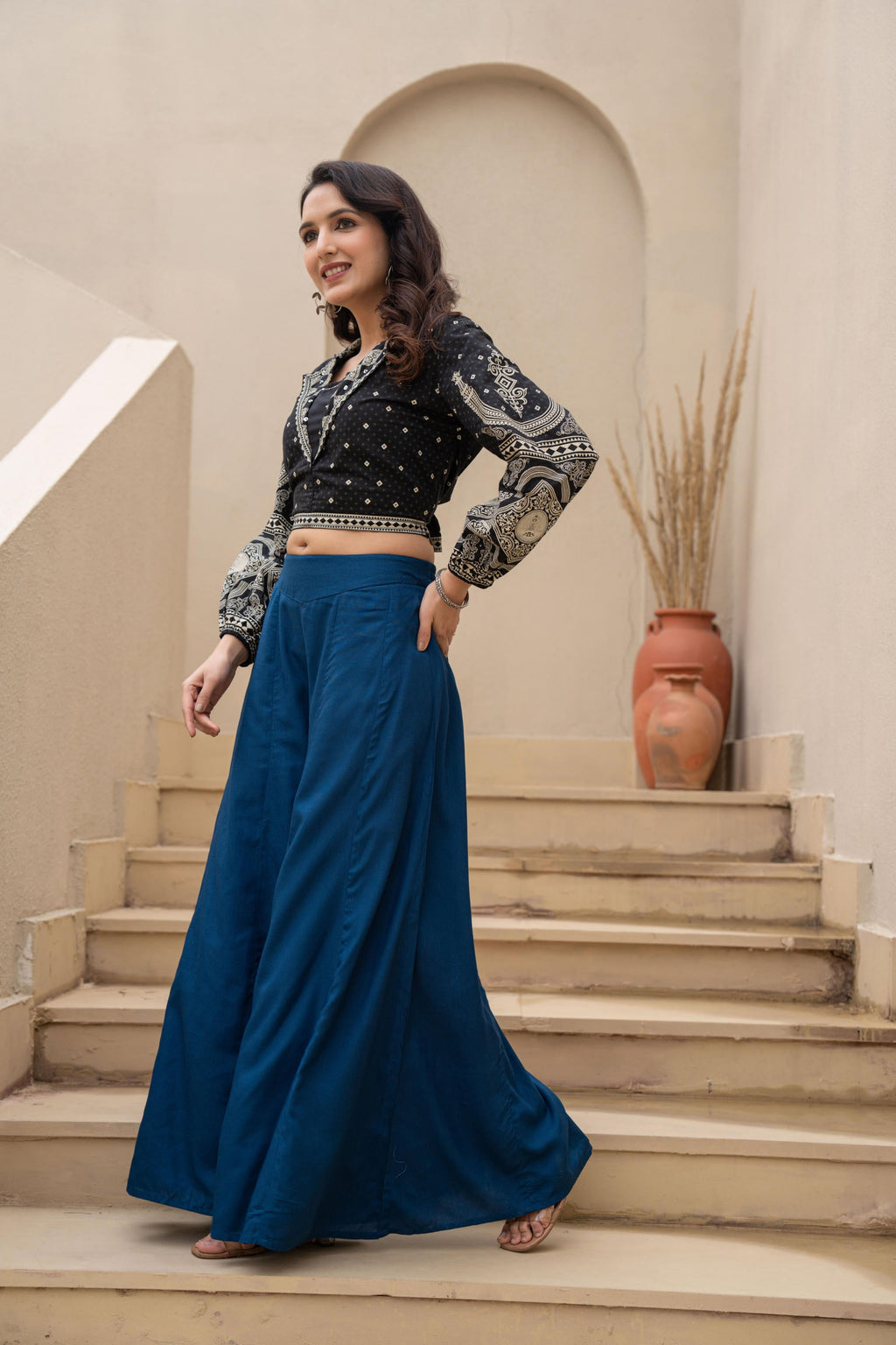 Juniper Navy Solid Viscose Palazzo Pants | Grocsy