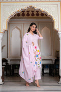 Juniper Baby Pink Hand-Painted Floral Kurta with Cotton Slub Palazzo & Cotton Voile Dupatta | Grocsy