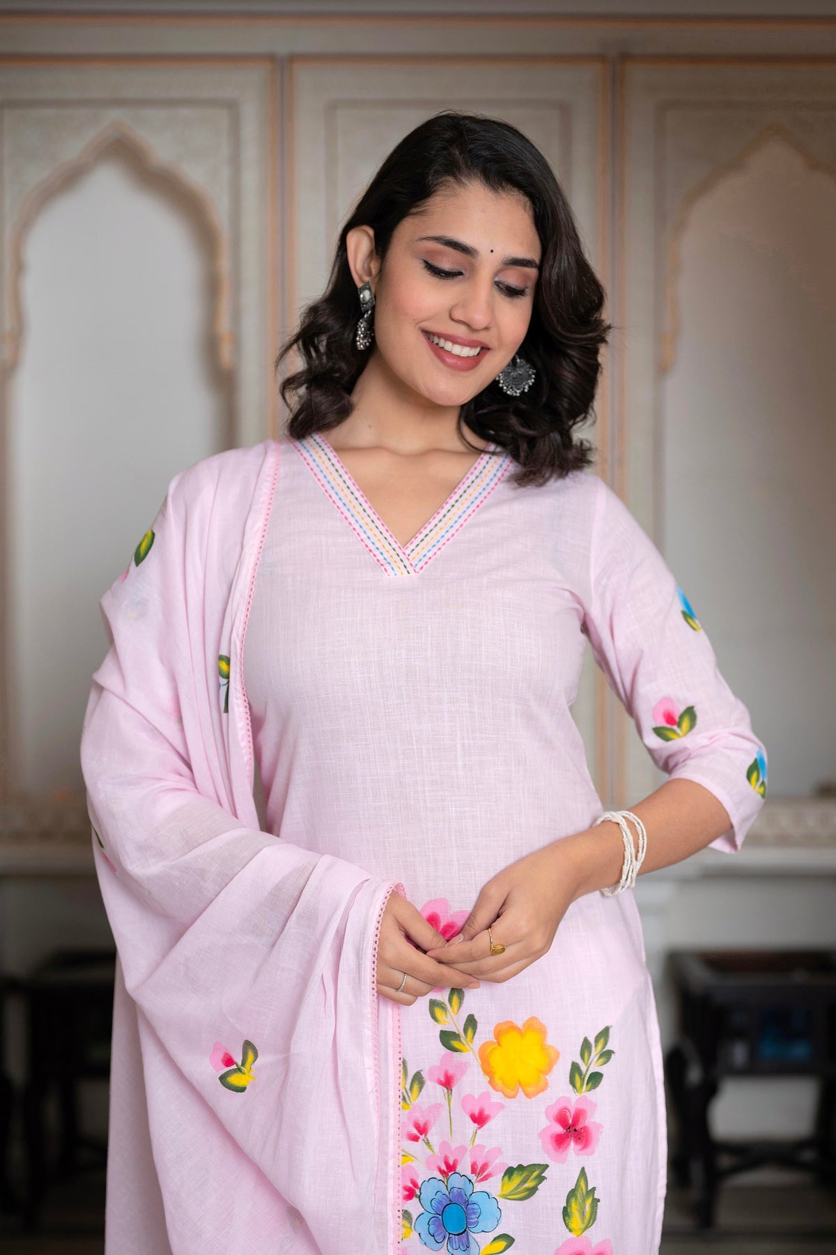 Juniper Baby Pink Hand-Painted Floral Kurta With Cotton Slub Palazzo & Cotton Voile Dupatta | Grocsy