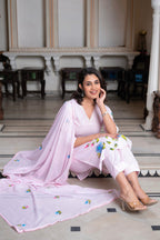Juniper Baby Pink Hand-Painted Floral Kurta with Cotton Slub Palazzo & Cotton Voile Dupatta | Grocsy