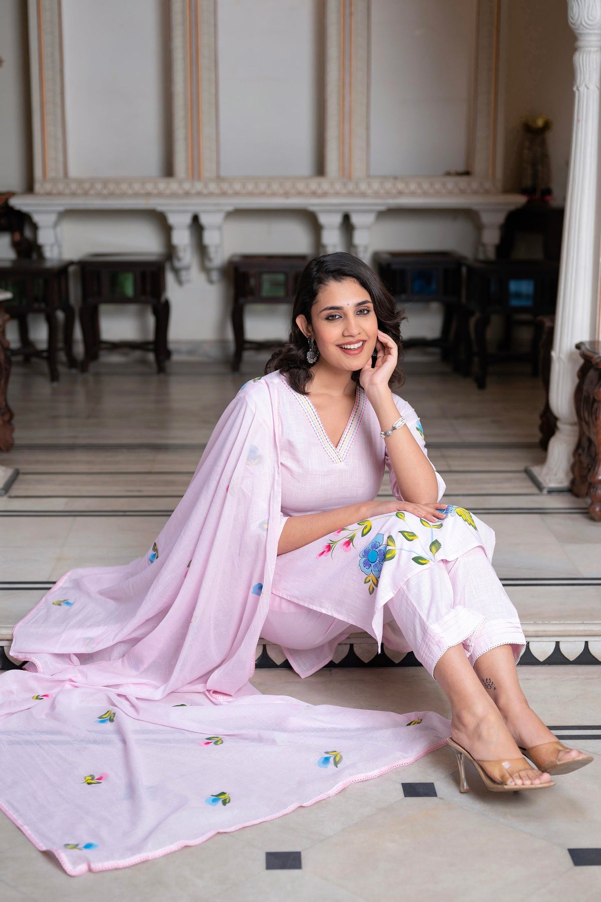Juniper Baby Pink Hand-Painted Floral Kurta with Cotton Slub Palazzo & Cotton Voile Dupatta | Grocsy