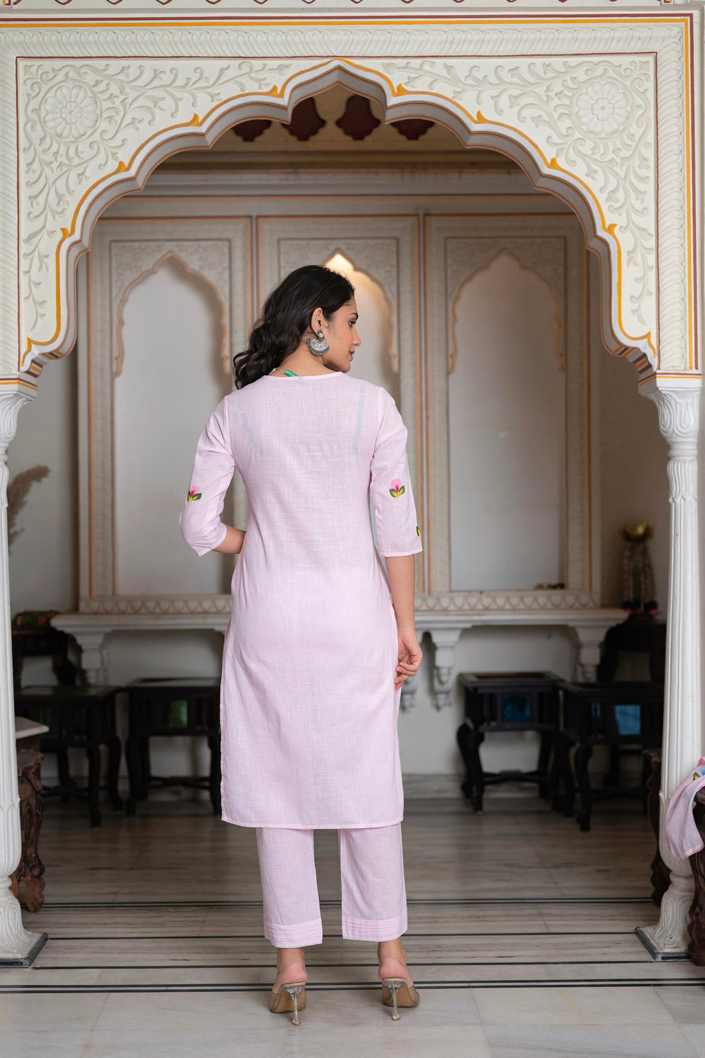 Juniper Baby Pink Hand-Painted Floral Kurta with Cotton Slub Palazzo & Cotton Voile Dupatta | Grocsy