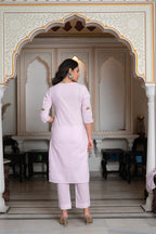 Juniper Baby Pink Hand-Painted Floral Kurta with Cotton Slub Palazzo & Cotton Voile Dupatta | Grocsy