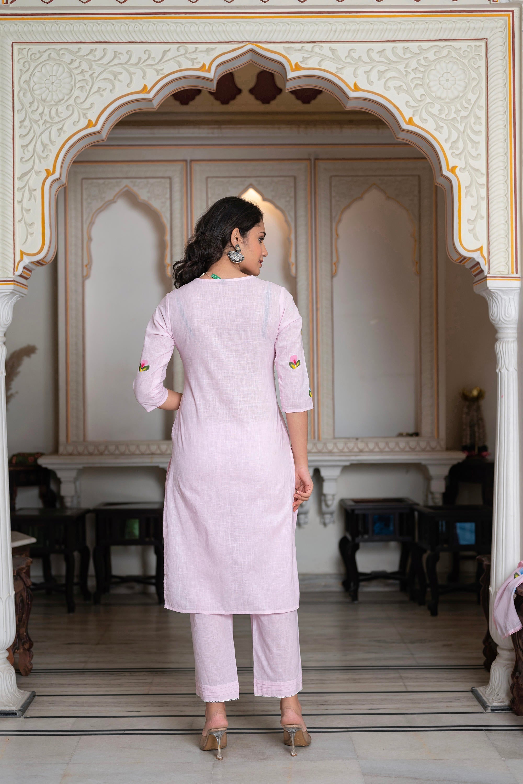 Juniper Baby Pink Hand-Painted Floral Kurta With Cotton Slub Palazzo & Cotton Voile Dupatta | Grocsy