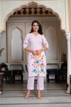 Juniper Baby Pink Hand-Painted Floral Kurta with Cotton Slub Palazzo & Cotton Voile Dupatta | Grocsy
