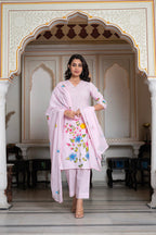 Juniper Baby Pink Hand-Painted Floral Kurta with Cotton Slub Palazzo & Cotton Voile Dupatta | Grocsy