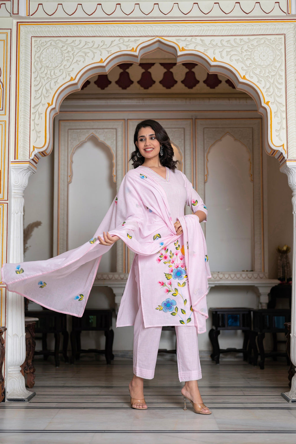 Juniper Baby Pink Hand-Painted Floral Kurta with Cotton Slub Palazzo & Cotton Voile Dupatta | Grocsy