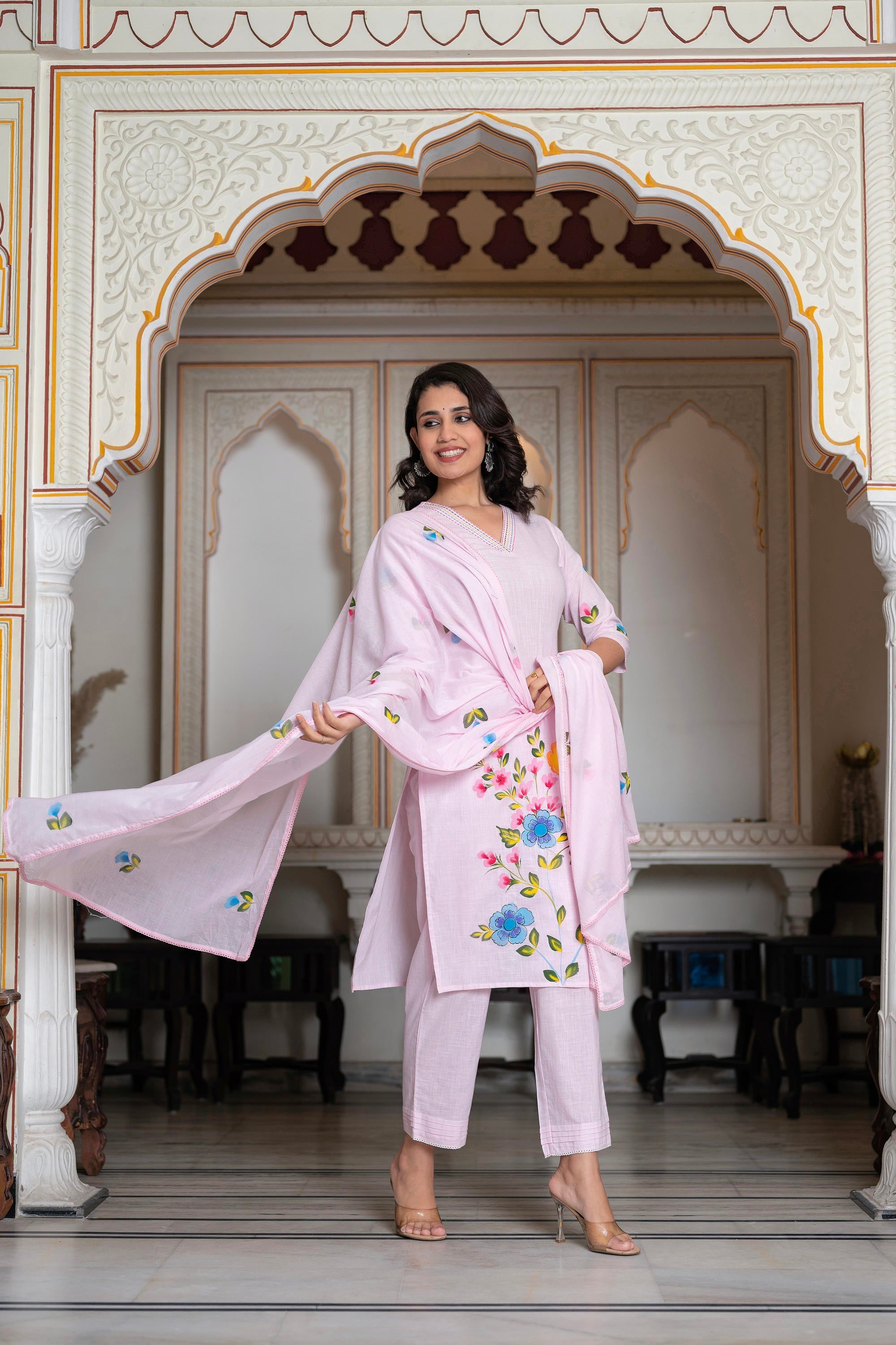 Juniper Baby Pink Hand-Painted Floral Kurta with Cotton Slub Palazzo & Cotton Voile Dupatta | Grocsy