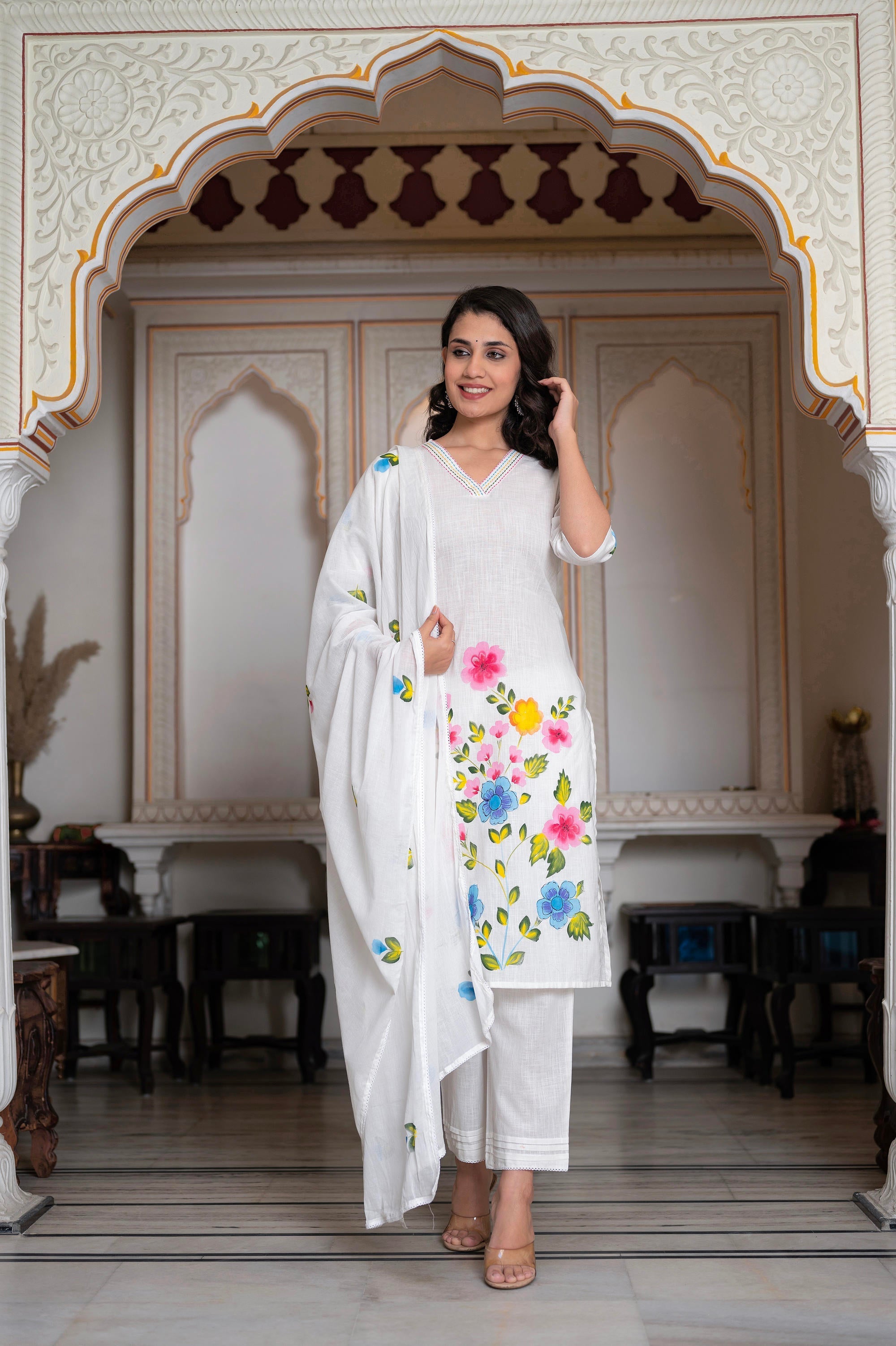 Juniper White Hand-Painted Floral Cotton Kurta with Palazzo & Lace Details | Grocsy
