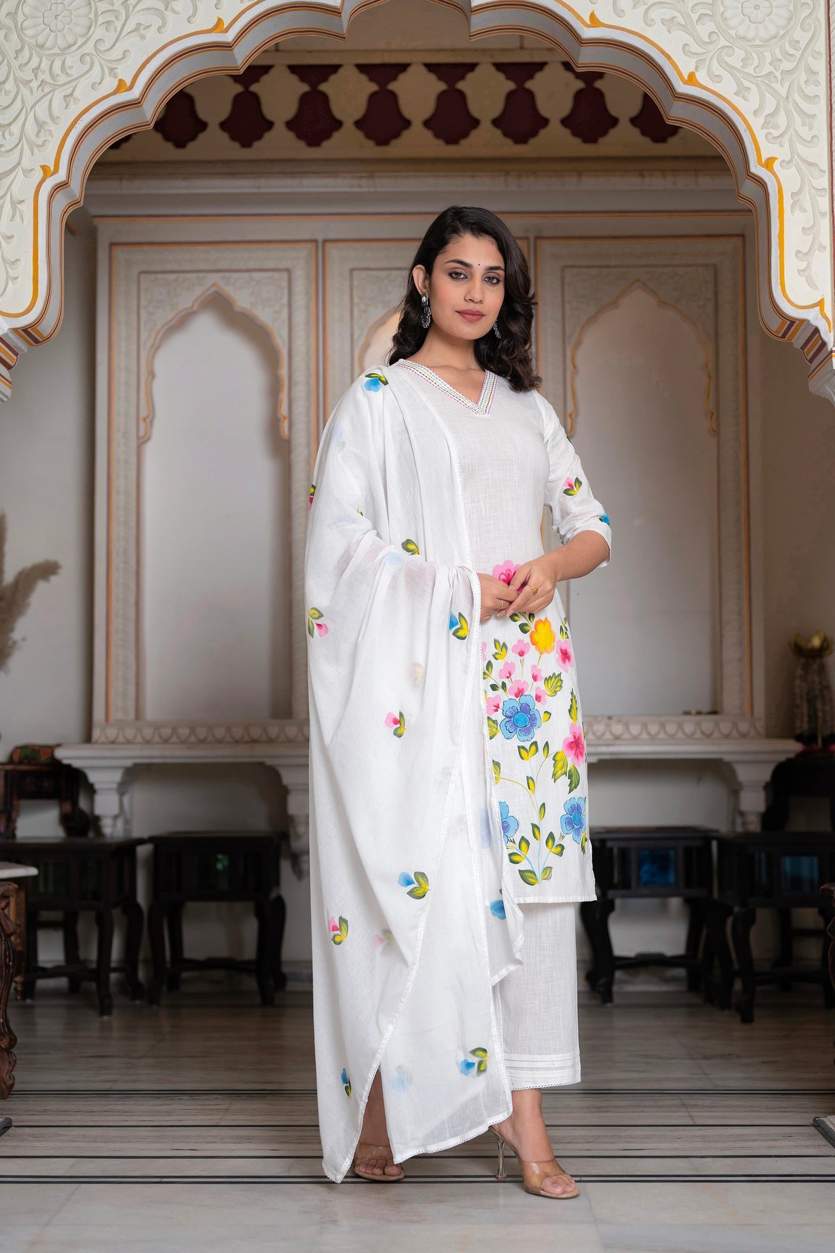 Juniper White Hand-Painted Floral Cotton Kurta With Palazzo & Lace Details | Grocsy