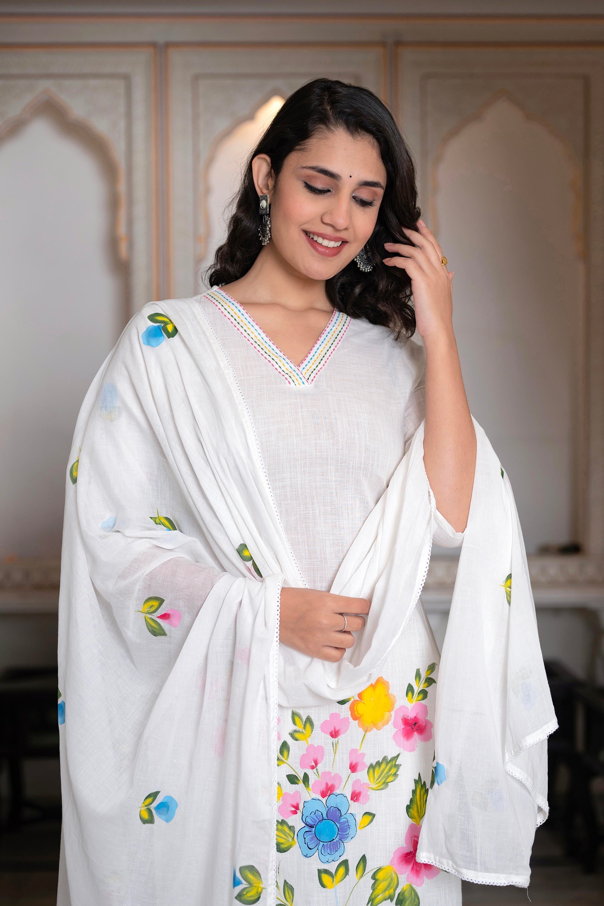 Juniper White Hand-Painted Floral Cotton Kurta with Palazzo & Lace Details | Grocsy