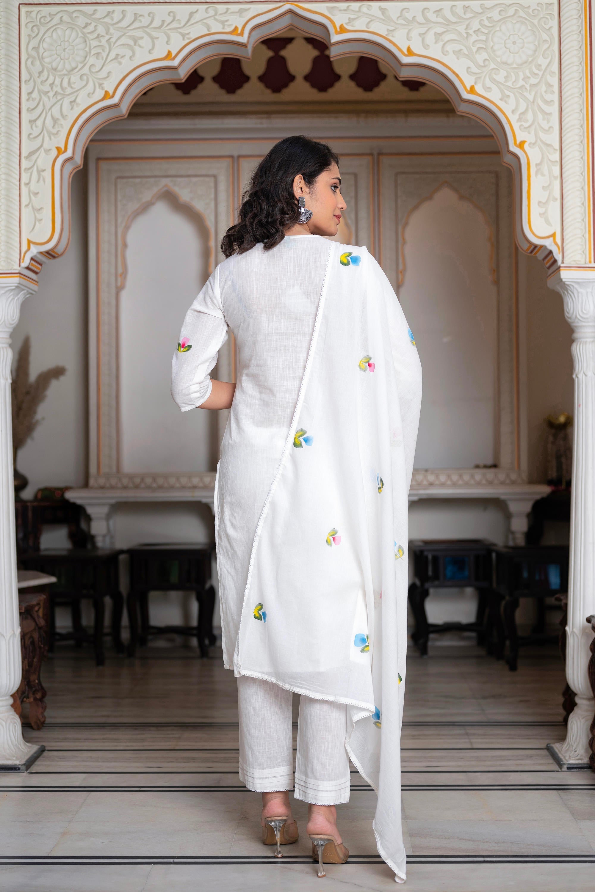 Juniper White Hand-Painted Floral Cotton Kurta with Palazzo & Lace Details | Grocsy