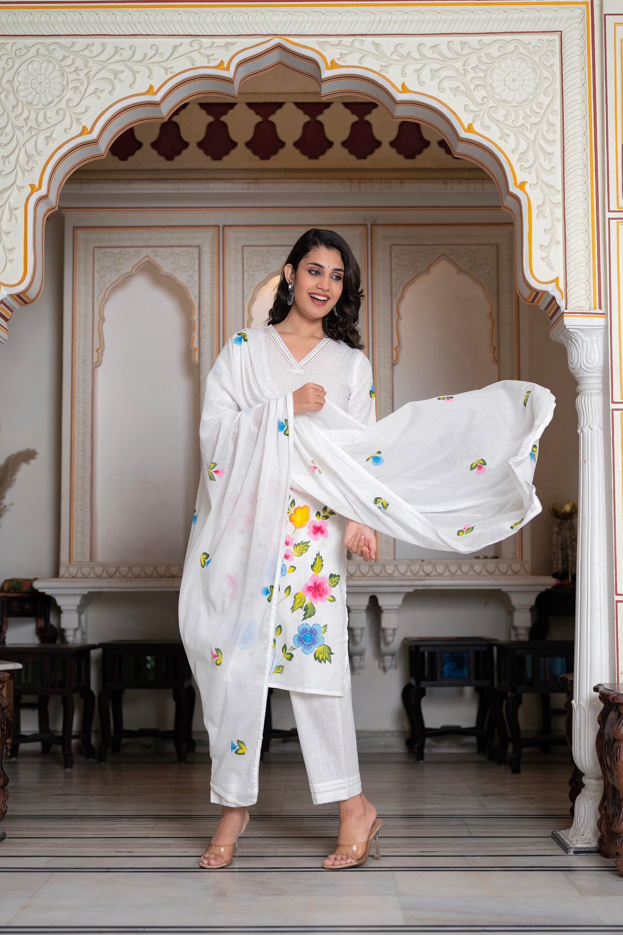 Juniper White Hand-Painted Floral Cotton Kurta with Palazzo & Lace Details | Grocsy